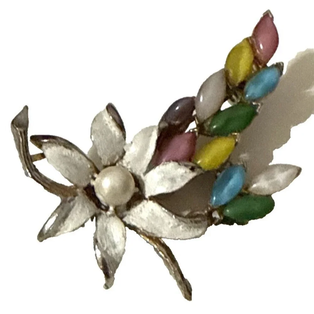 Vintage Floral Brooch Purple Pink Blue Yellow Cabochon White Enamel Pin 2.5